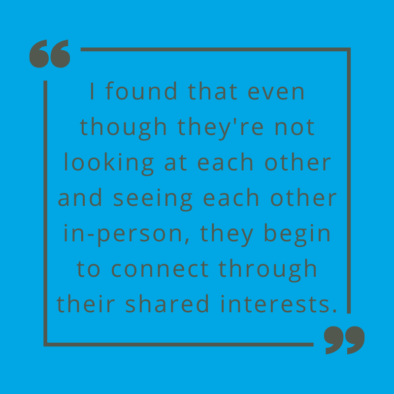 I found that even though they're not looking at each other and seeing each other in-person, they begin to connect through their shared interests. Prof. Mitchel on building a community.