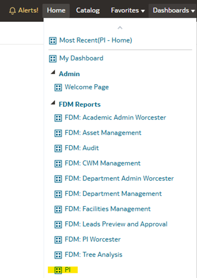 Screenshot of a web-based dashboard menu. The navigation includes categories such as "Admin" and "FDM Reports" with several sub-items listed. Under "FDM Reports," entries include FDM: Academic Admin Worcester, Asset Management, Audit, CWM Management, Department Admin Worcester, Department Management, Facilities Management, Leads Preview and Approval, PI Worcester, and Tree Analysis. The last item highlighted is labeled "PI."