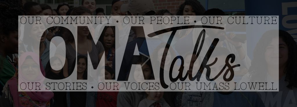 Office of Multicultural Affairs official banner of the student blog reading "OMATalks" with pictures of student from various OMA events and clubs in the background as a collage.