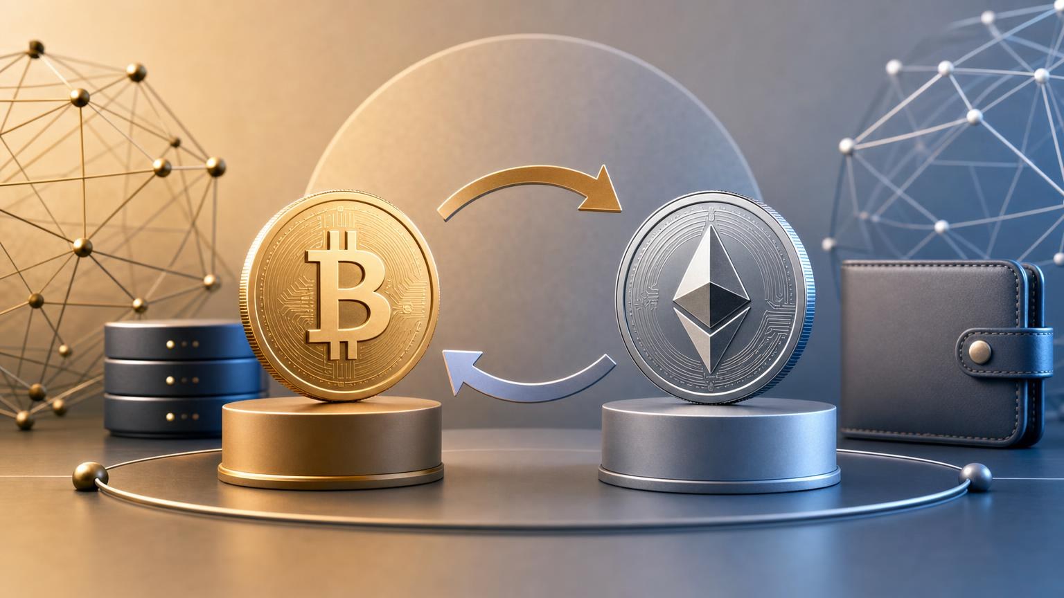 Bitcoin and Ether symbols beside a transaction screen comparing Bitcoin network fees, Ethereum gas, and the final ETH amount received