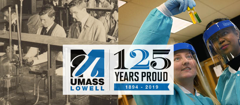 UMass Lowell researchers in a laboratory in 1894 vs. 2019